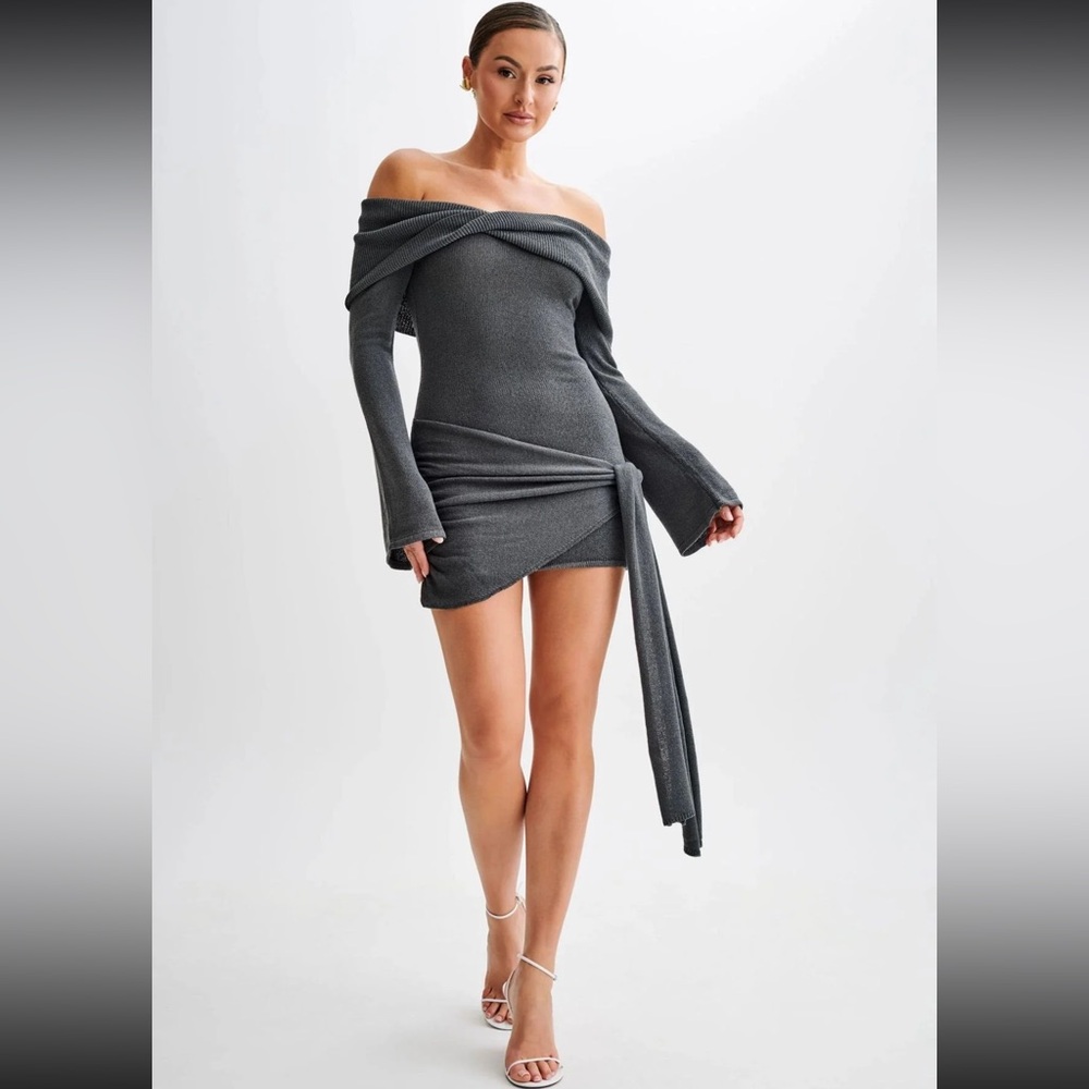 Meshki Camryn Off Shoulder Tie Knit Mini Dress - Gray NWT Size Small